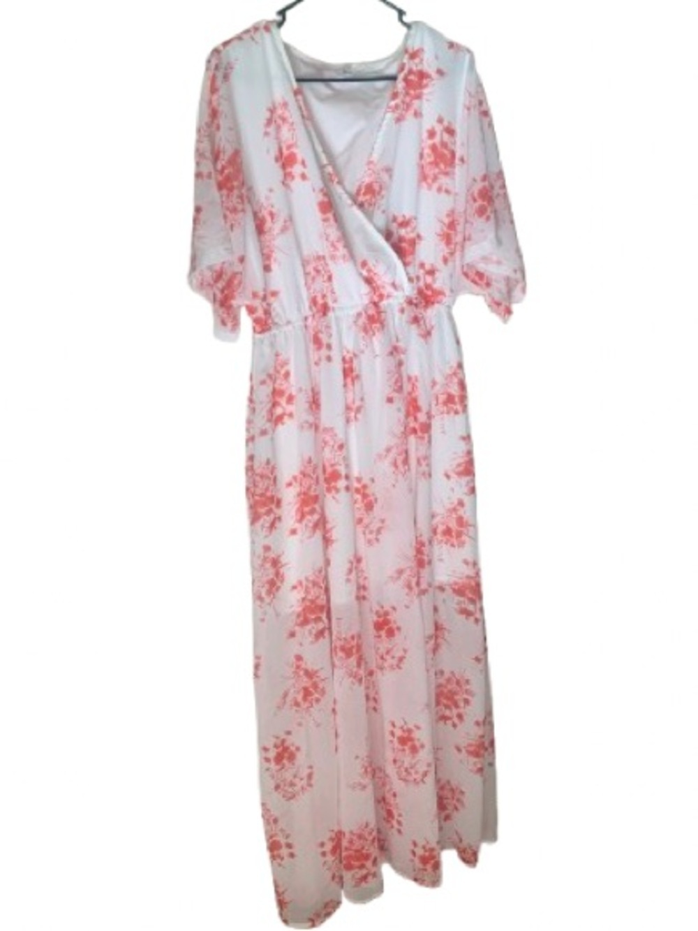 ANRABESS Pink Floral Maxi Dress XL Cottagecore Faux Wrap Short Sleeve Boho